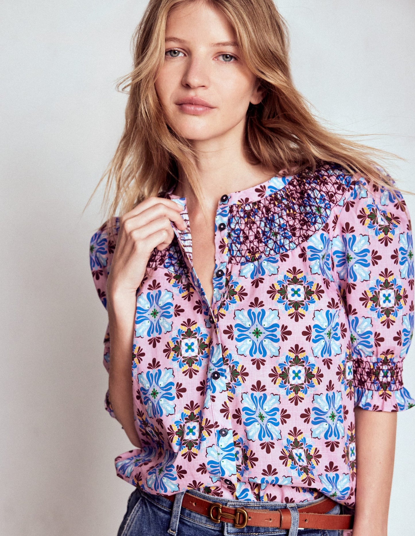 Effie Short Sleeve Top-Formica Pink, Bloom Mosaic