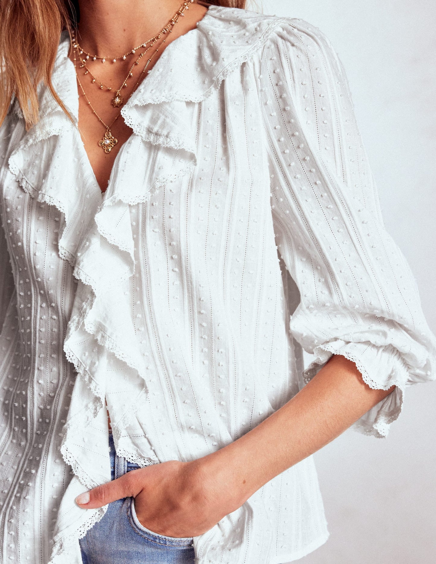 Ruffle V-Neck Blouse-White