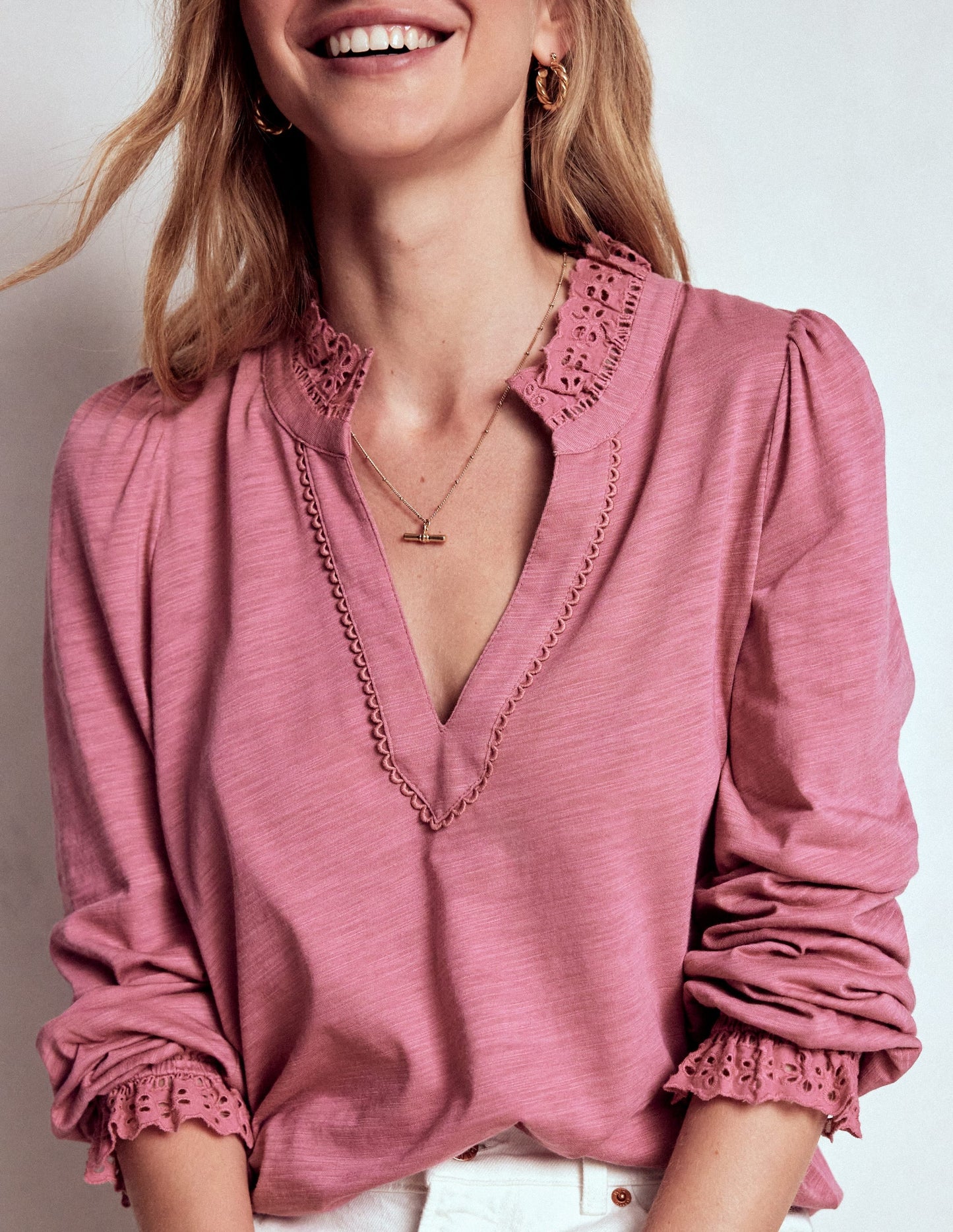 Aria Broderie Notch Neck Top-Pink Heather
