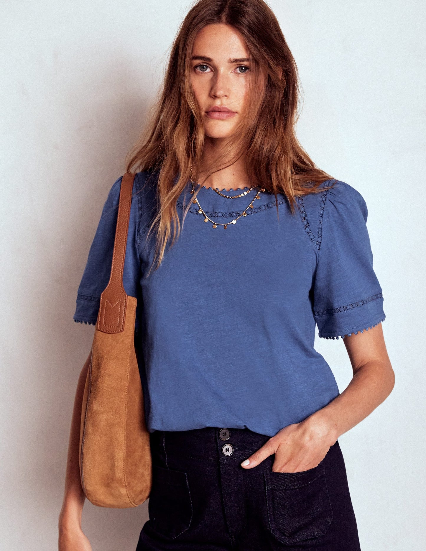 Mila Lace Trim Top-Denim Blue