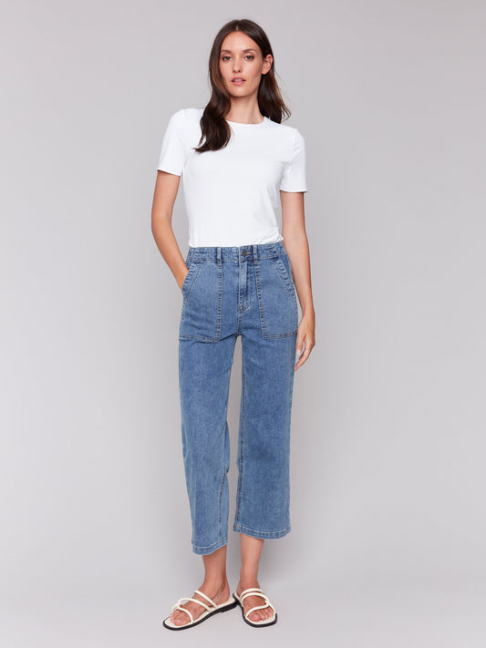 Cropped Utility Pocket Jeans - Medium Blue