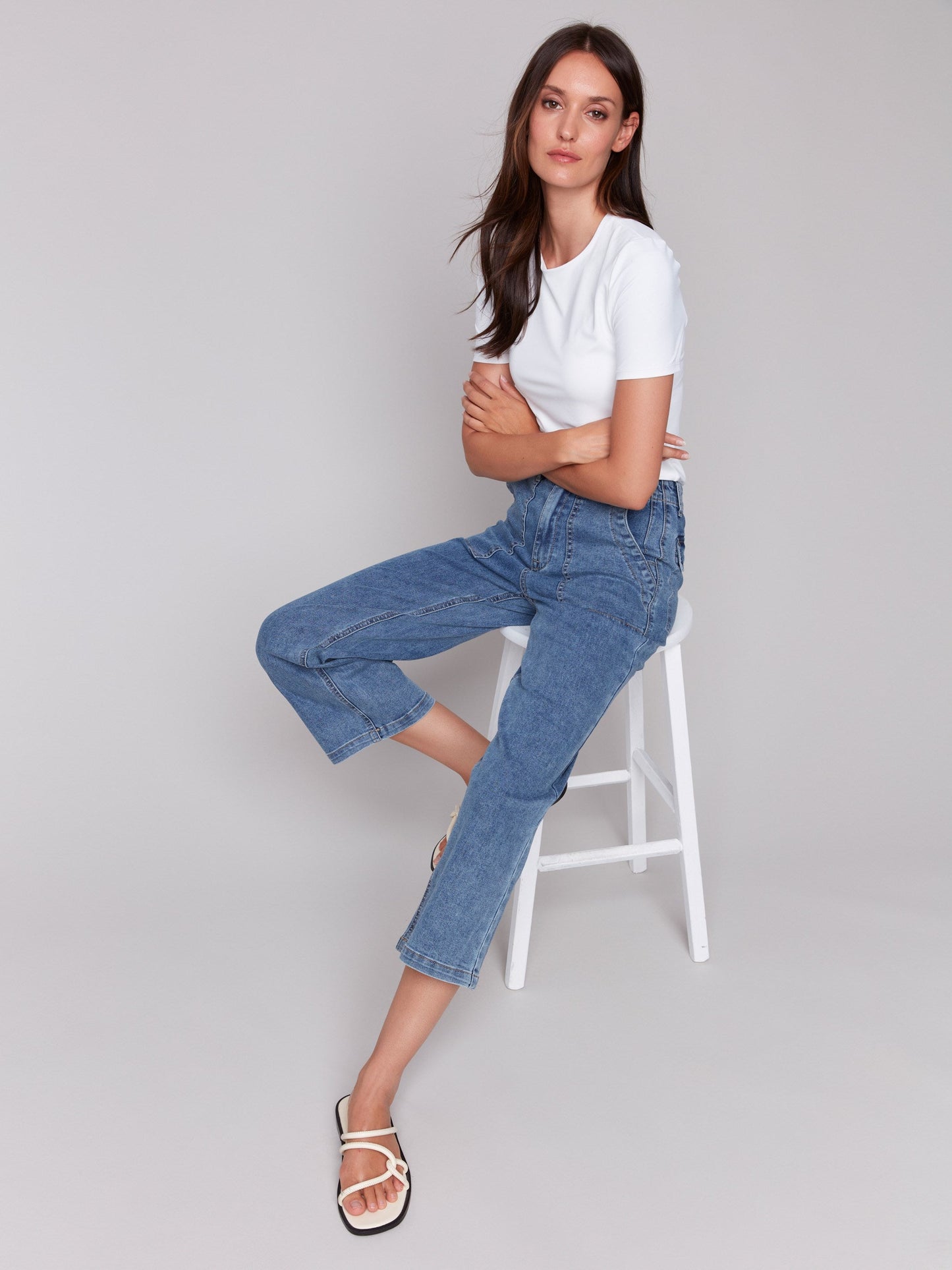 Cropped Utility Pocket Jeans - Medium Blue
