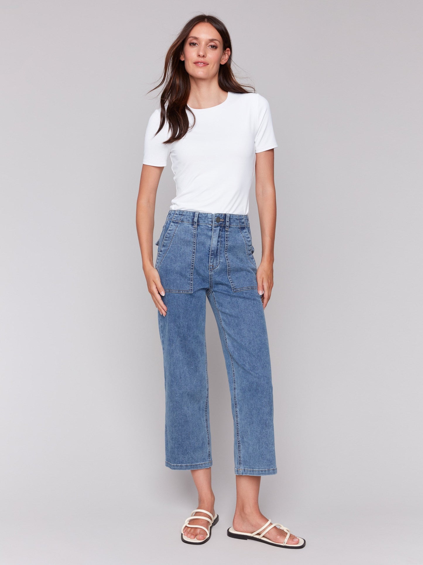 Cropped Utility Pocket Jeans - Medium Blue