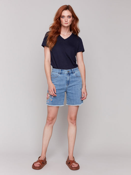 Embroidered Fringed Hem Denim Shorts - Light Blue