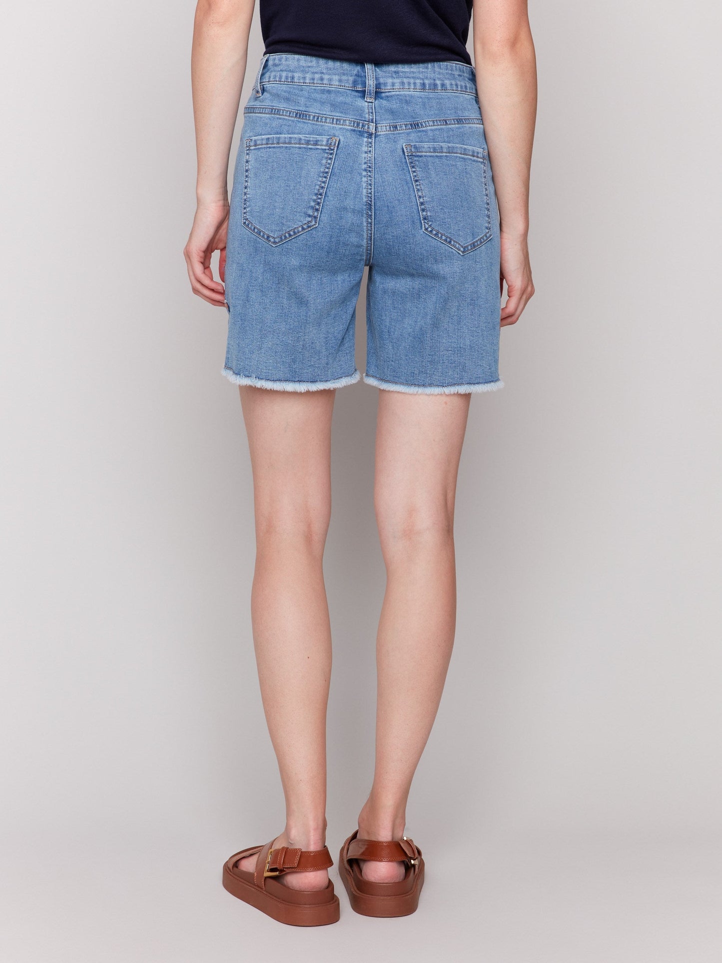 Embroidered Fringed Hem Denim Shorts - Light Blue