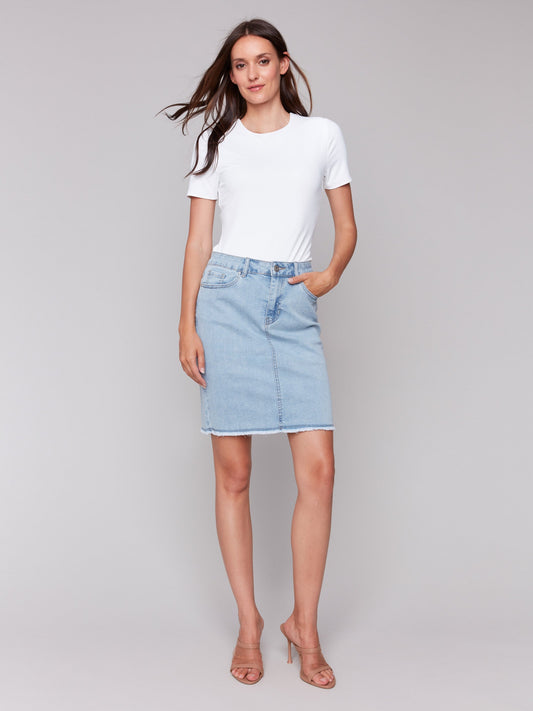 Stretch Denim Skort with Frayed Hem - Bleach Blue