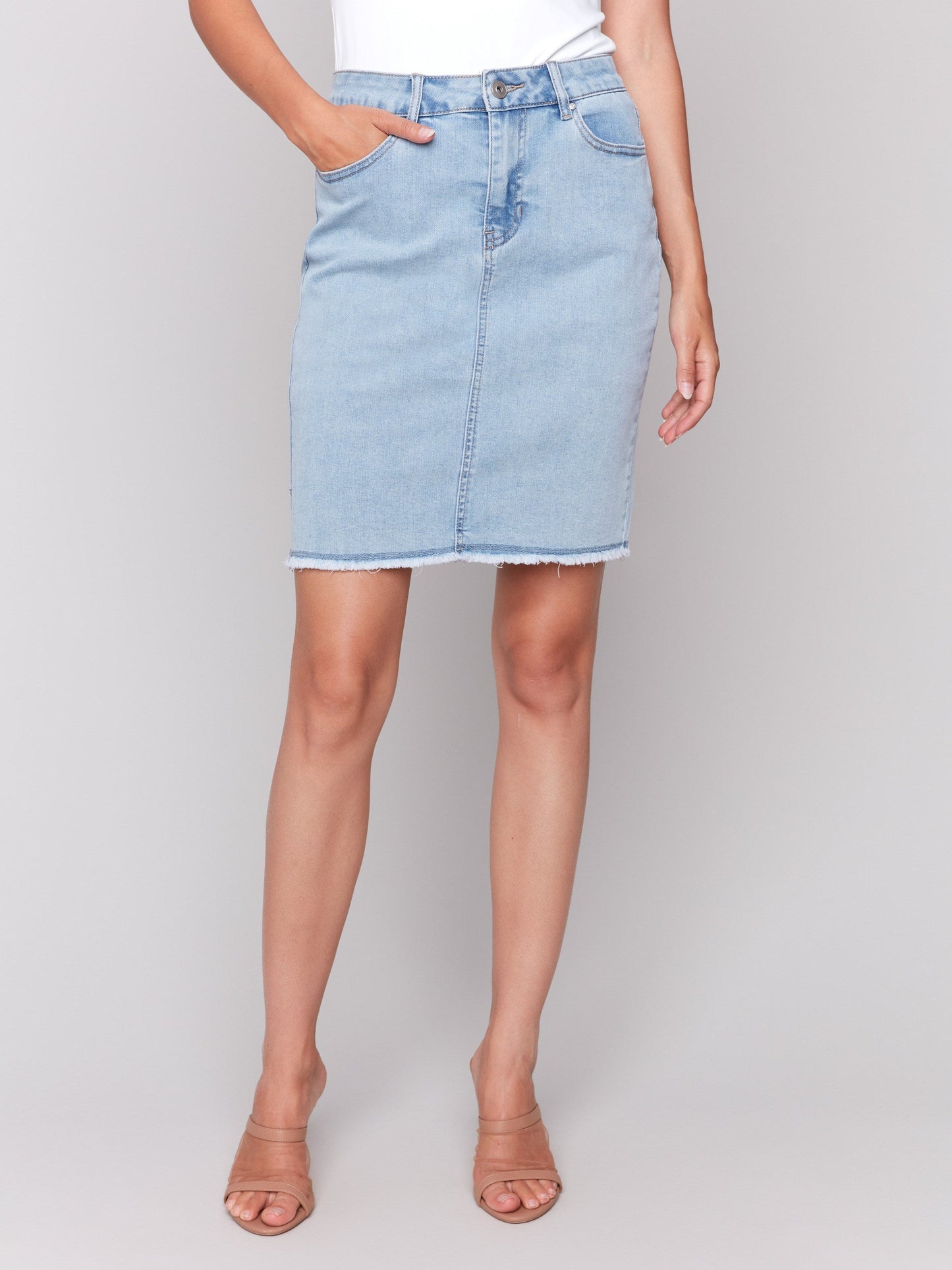 Stretch Denim Skort with Frayed Hem - Bleach Blue
