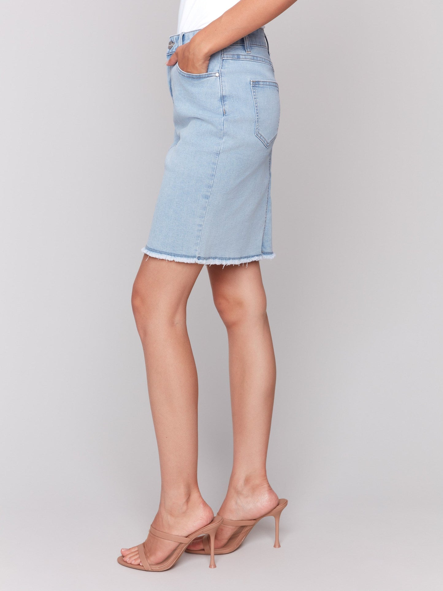 Stretch Denim Skort with Frayed Hem - Bleach Blue