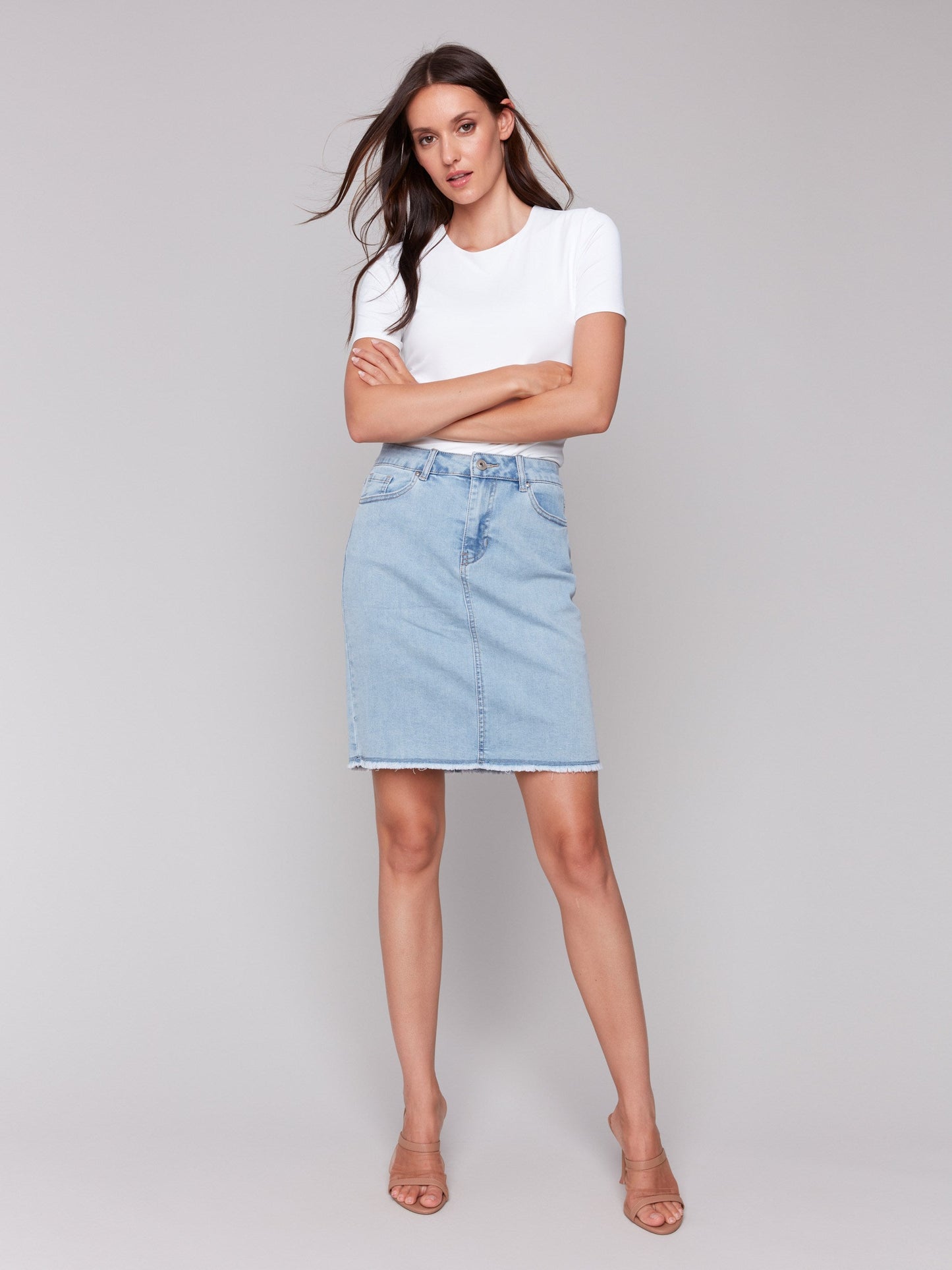 Stretch Denim Skort with Frayed Hem - Bleach Blue